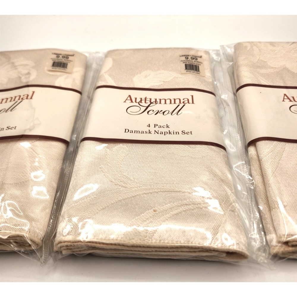 Autumnal Scroll Damask Napkins Ivory 3 sets of 4 Brand new in Package